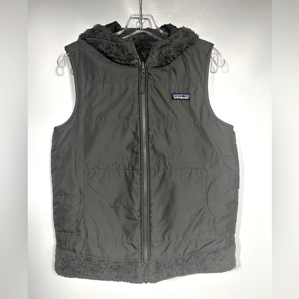 PATAGONIA Women's Reversible Los Gatos Hooded Fleece Vest Size M Grey